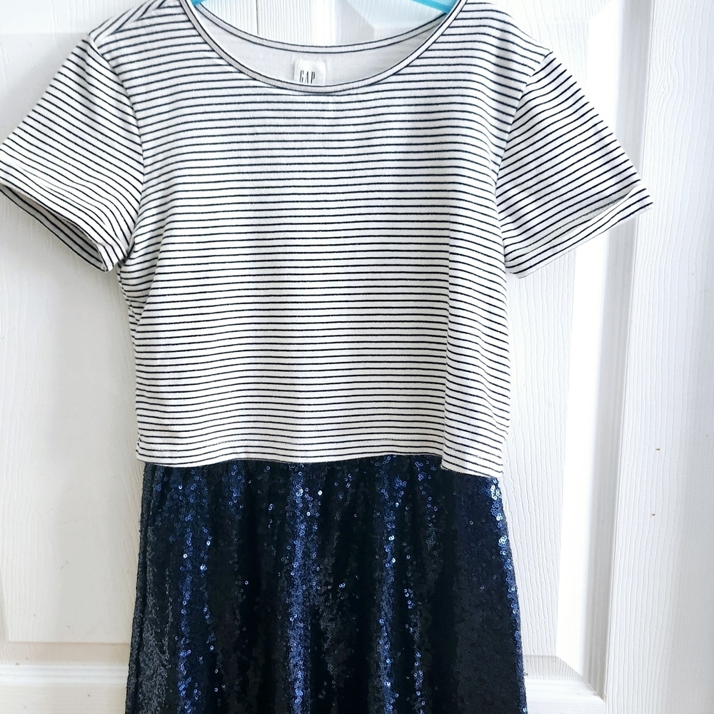 ⭐ 2 FOR $15 Gap Kid Girl US L Striped Sequin Navy Dress Paety Preppy